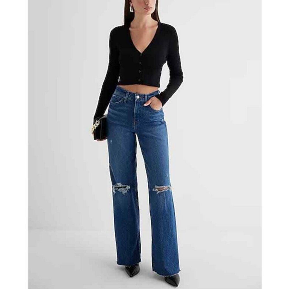 EXPRESS Distressed Wide Leg High Rise Jeans Ripped Frayed Hem Blue Sz 8 Long NWT